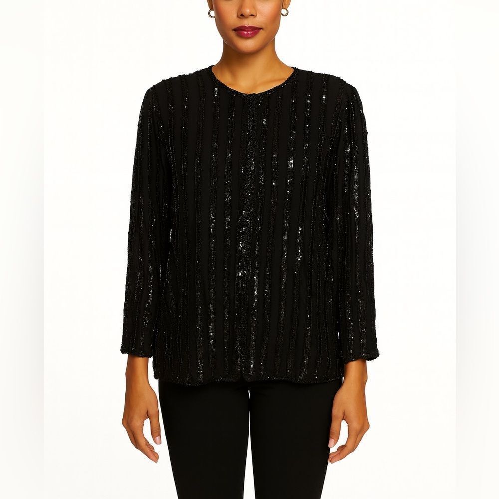 American Night Vintage Black Sequin Beaded Jacket Size L Made in India